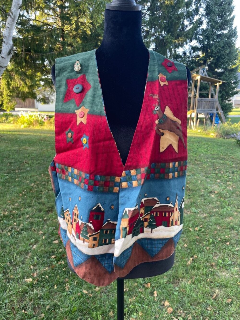 Vintage Handmade Reversible Vest Christmas Holiday Santa M L Grandma Cottage Art